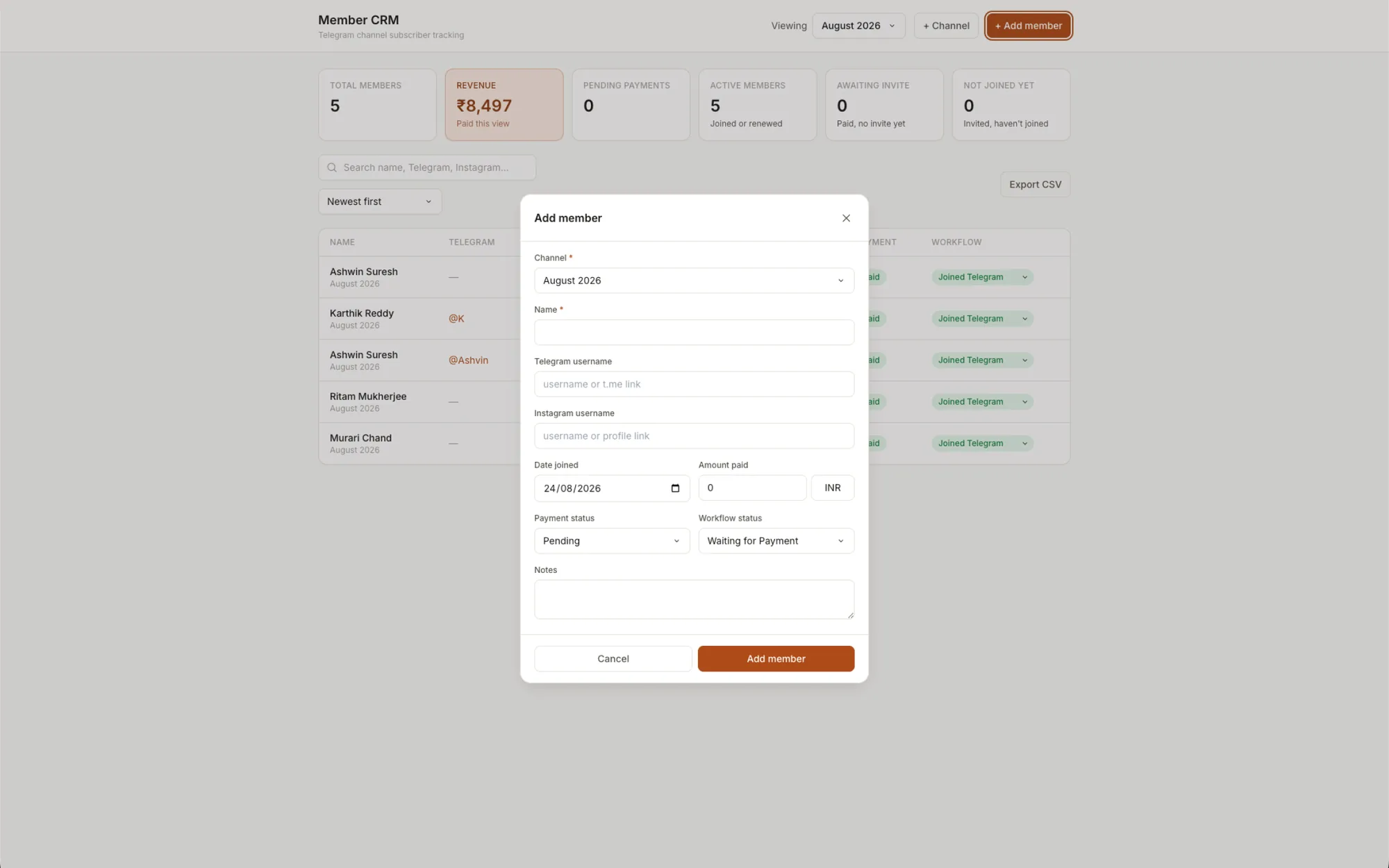 Member CRM, Telegram channel subscriber tracking